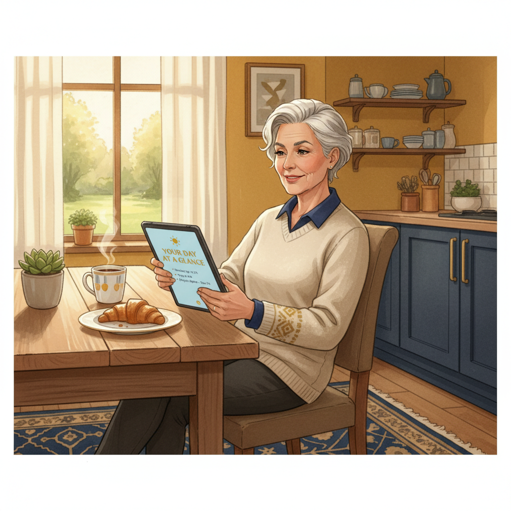 Person relaxing with tablet showing AI morning briefing