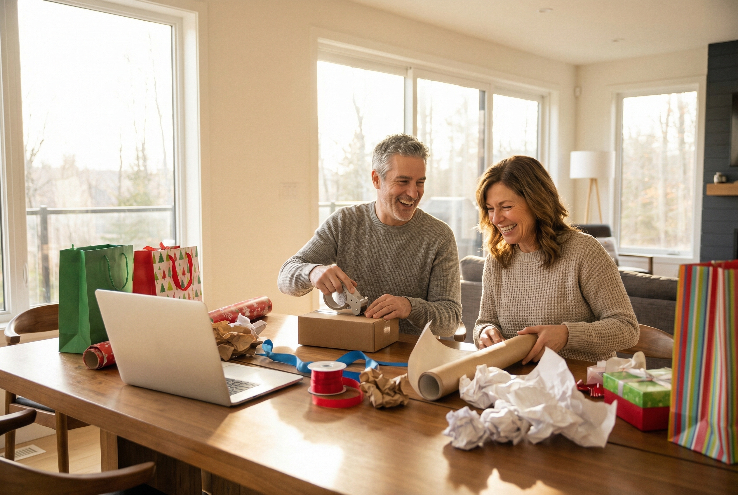 Couple in their 50s wrapping birthday gifts
