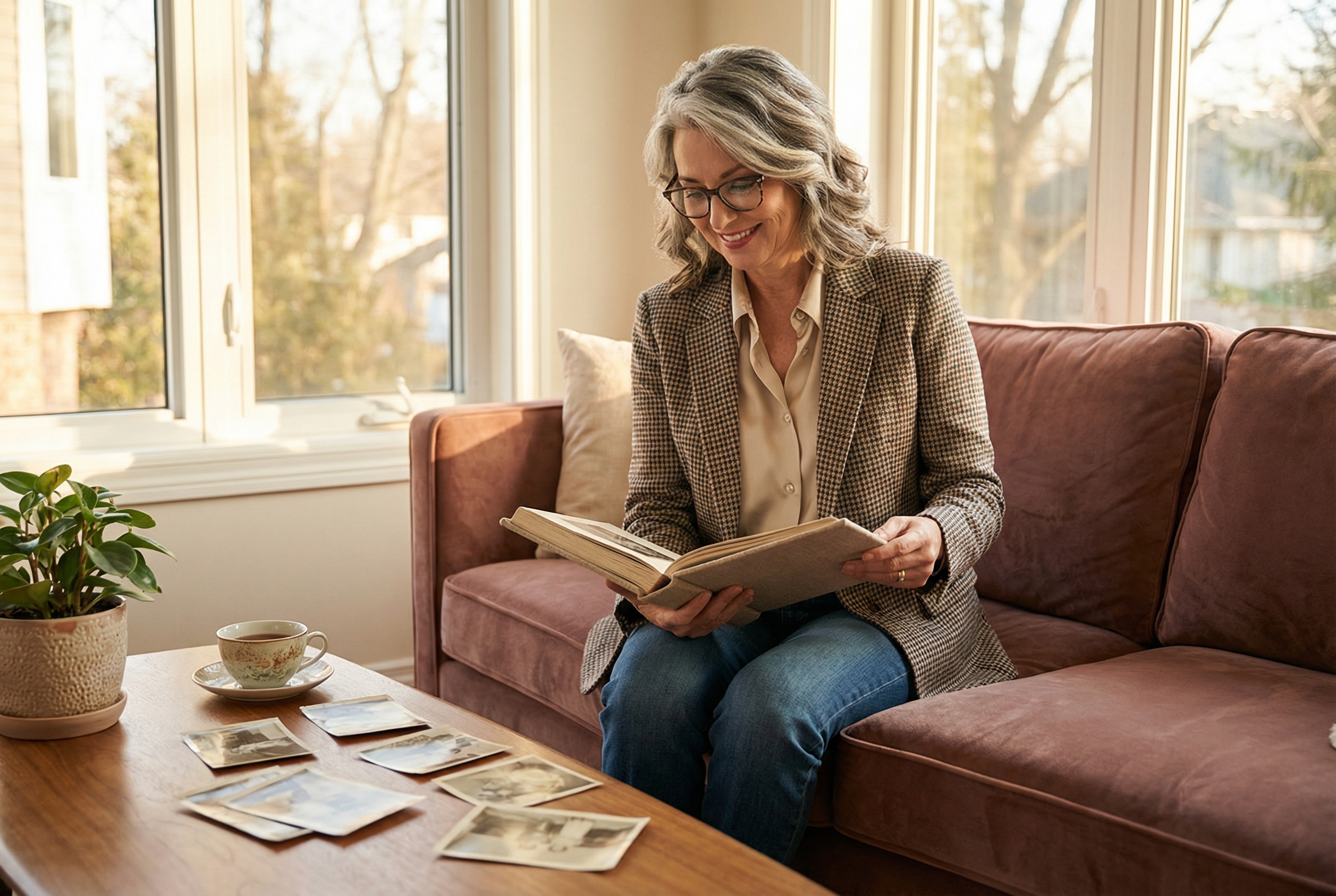 Woman in her 50s looking through family photos