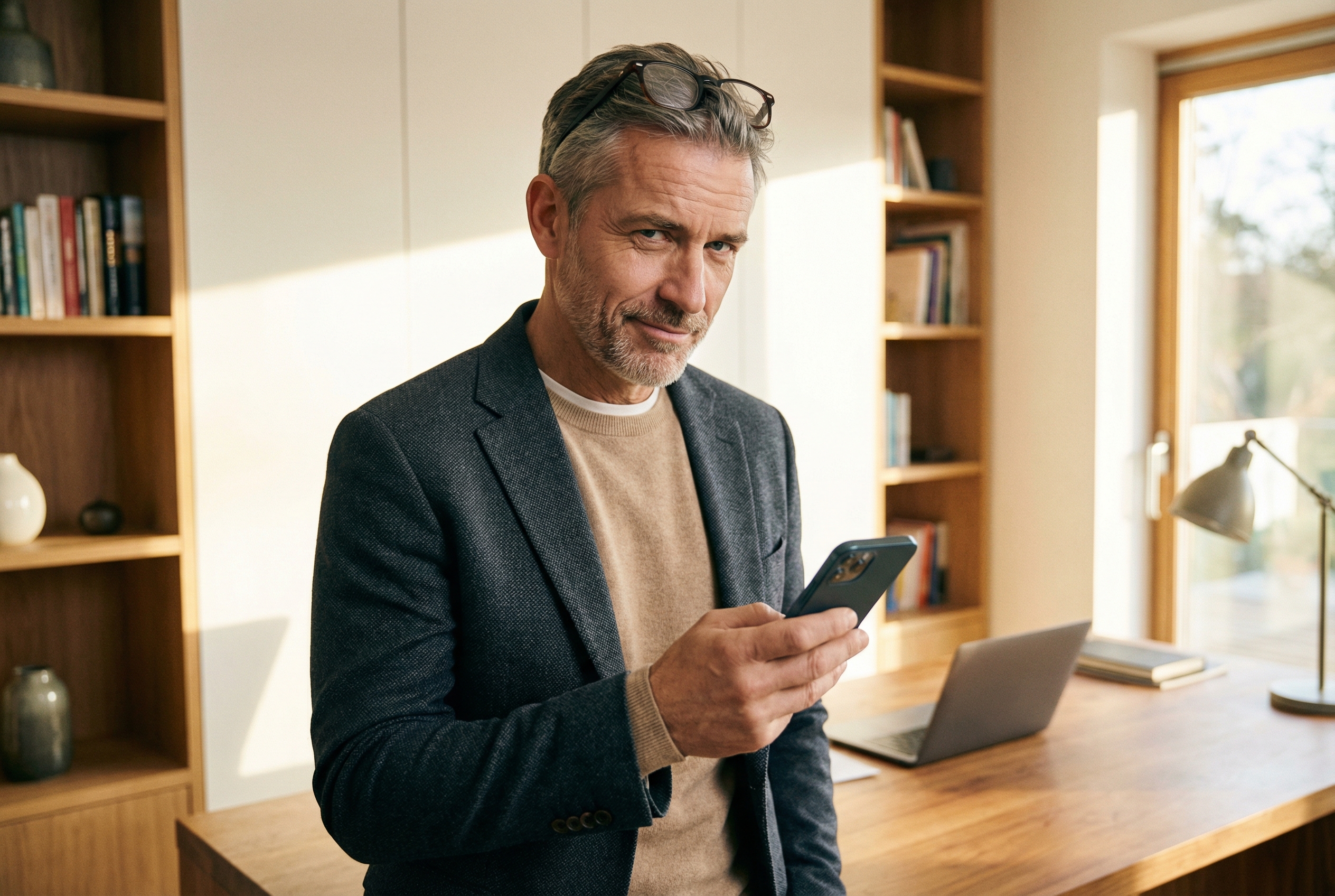 Man in his 50s checking phone for scam alert