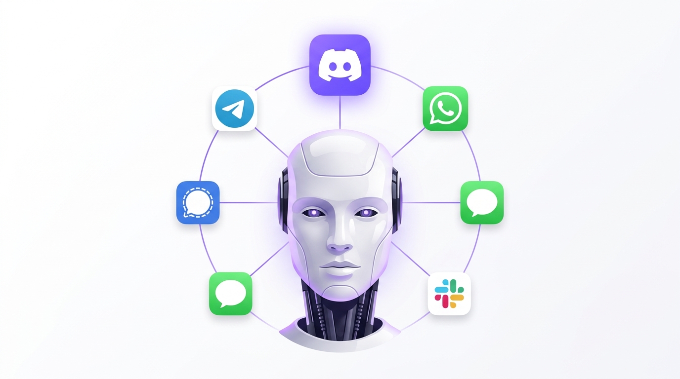An AI agent at the center connected to Discord, Telegram, WhatsApp, Signal, iMessage, and Slack