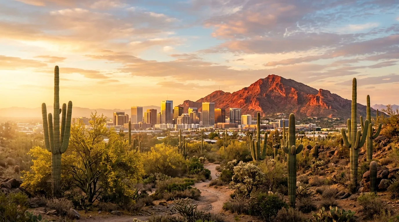 Phoenix skyline with Camelback Mountain and saguaro cactus in the Arizona desert