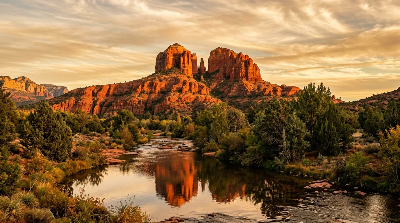 Cathedral Rock reflected in Oak Creek at sunset in Sedona, Arizona