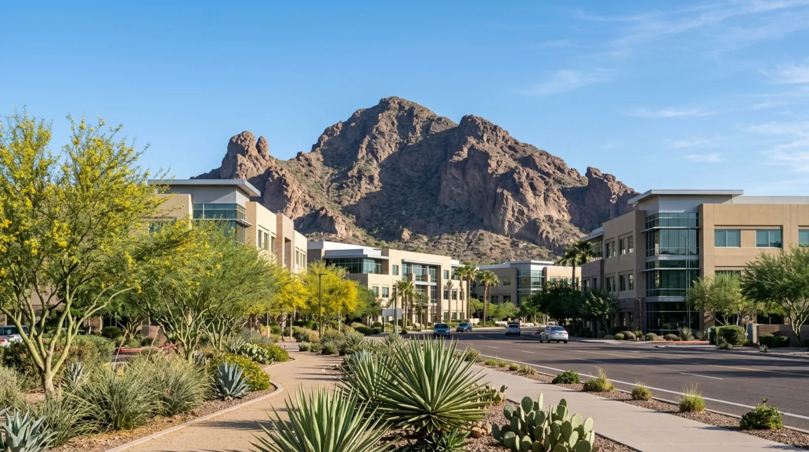 Camelback Mountain rising over low-rise offices and desert landscaping in Phoenix