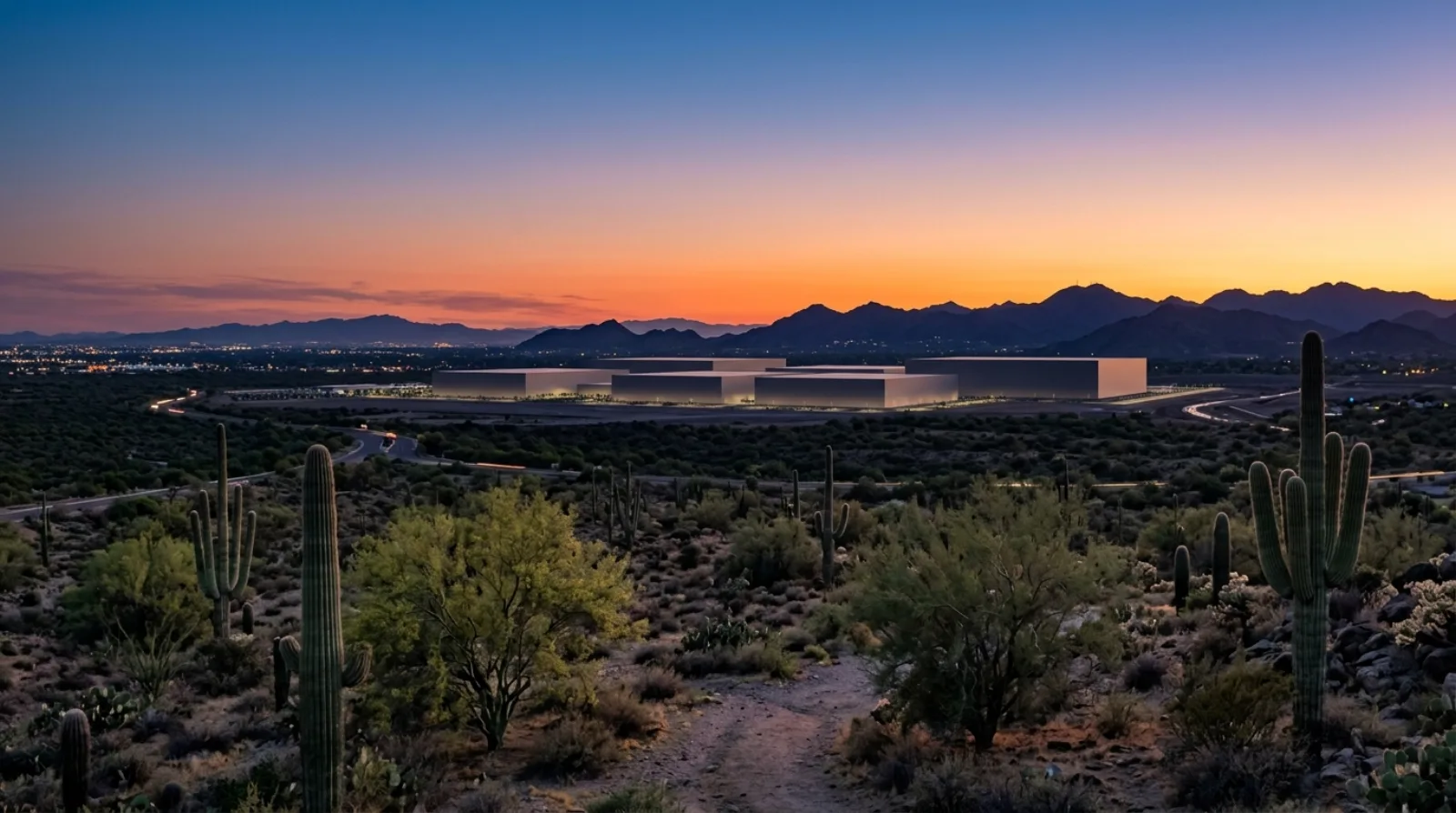 Construction cranes over a vast semiconductor campus rising in the North Phoenix desert at dusk