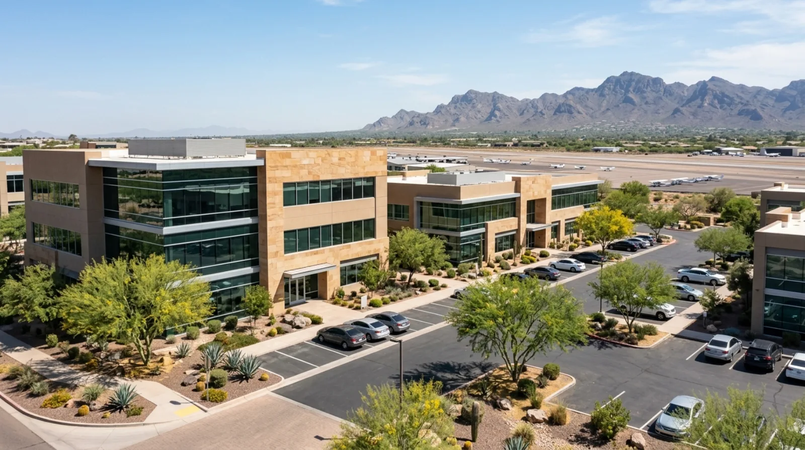 Modern office buildings with desert landscaping near the Scottsdale Airpark
