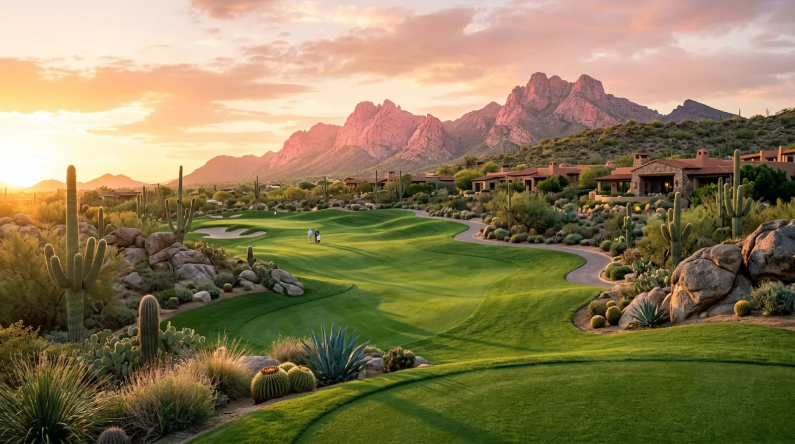 Desert golf course at sunrise with the McDowell Mountains behind in Scottsdale