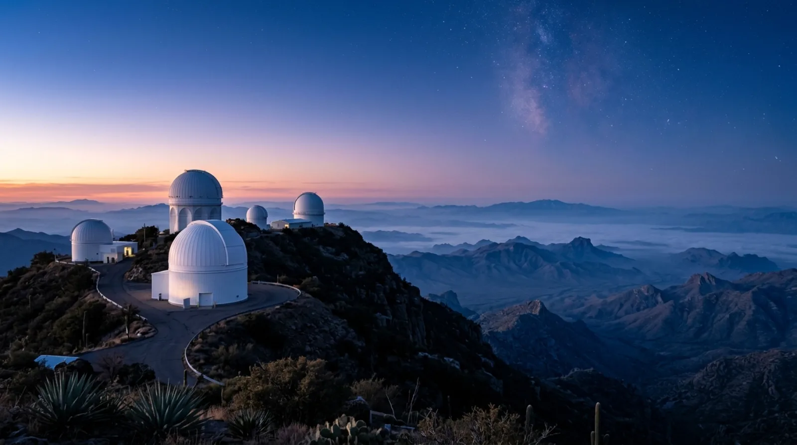 Observatory domes on a mountain ridge above the Southern Arizona desert at twilight