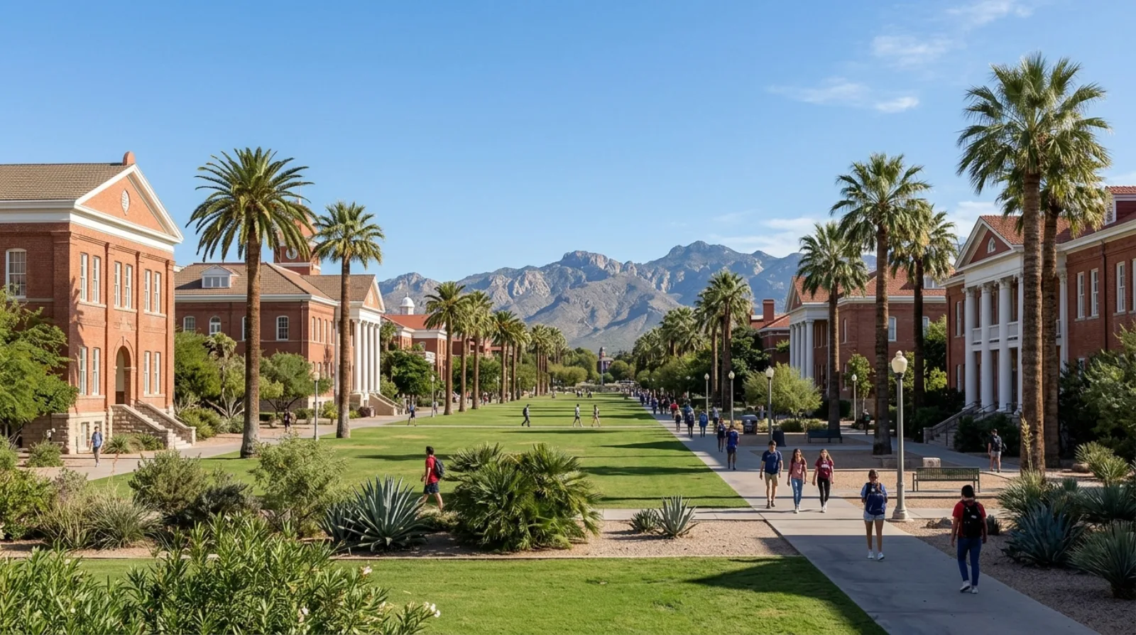 Historic red-brick university buildings and palm trees in Tucson, Arizona