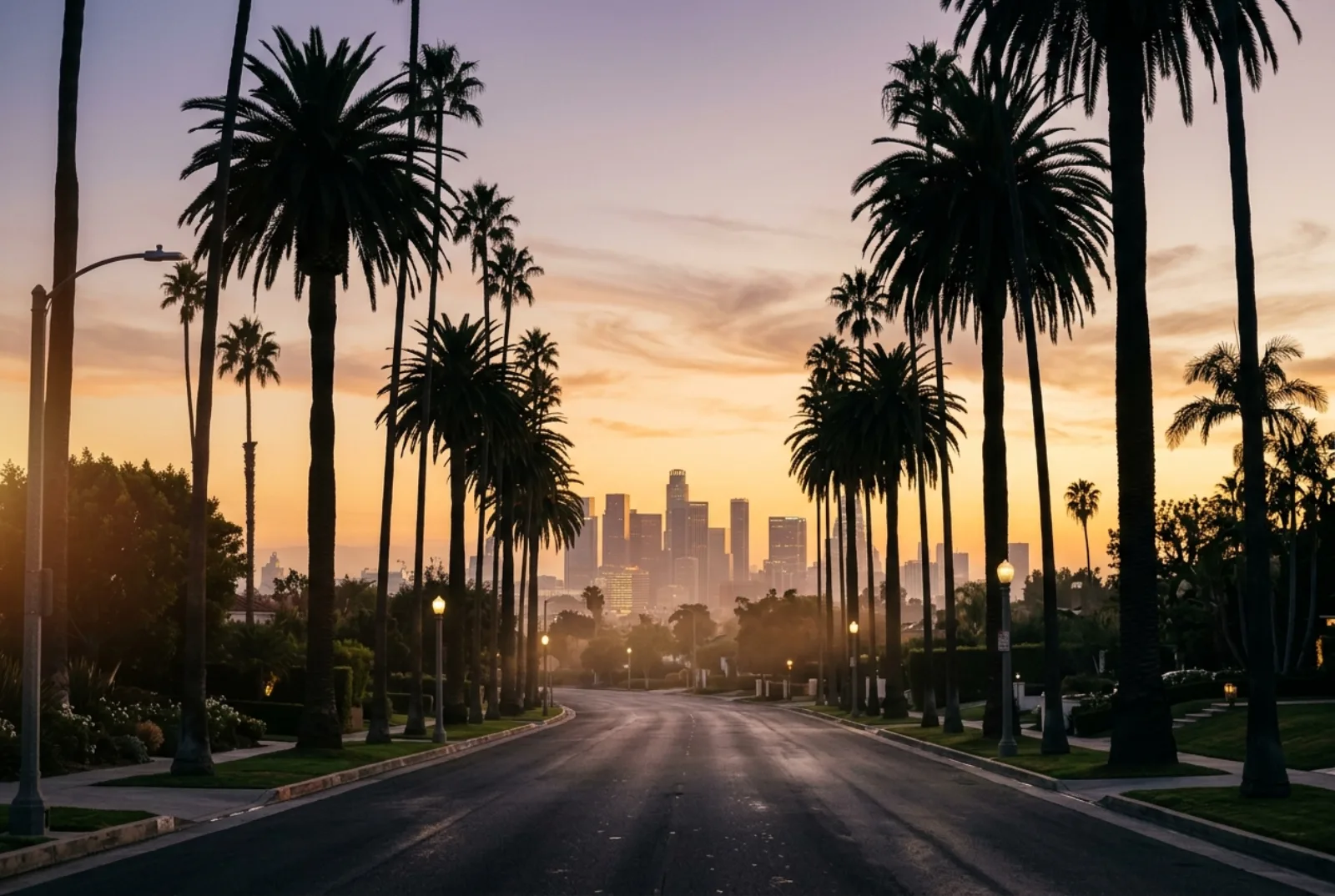 Palm lined street leading to the downtown Los Angeles skyline at dusk