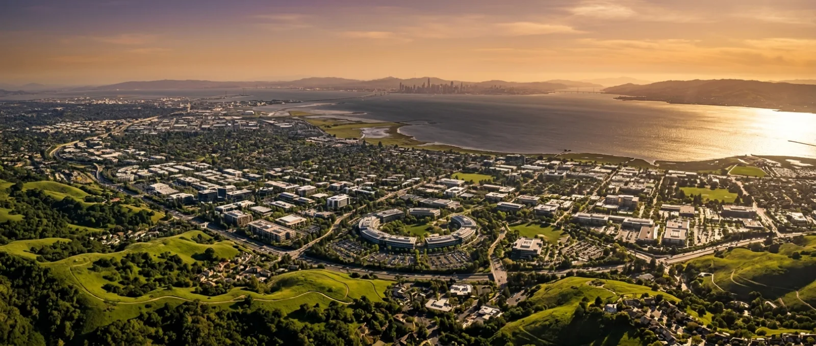 Silicon Valley and the San Francisco Bay from above at dusk