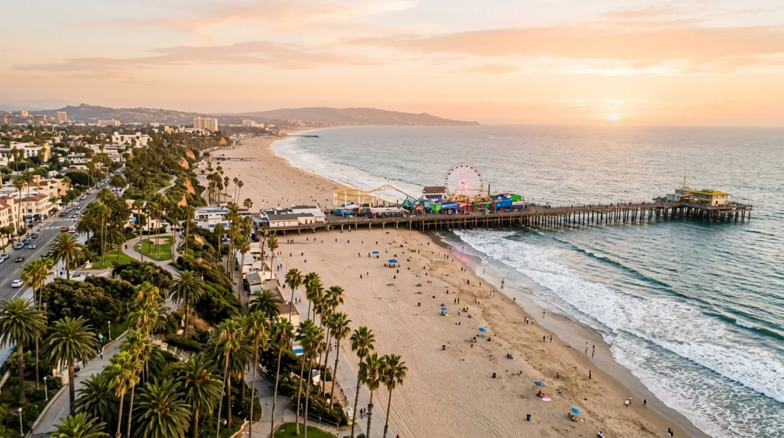Santa Monica pier and coastline in Los Angeles at golden hour