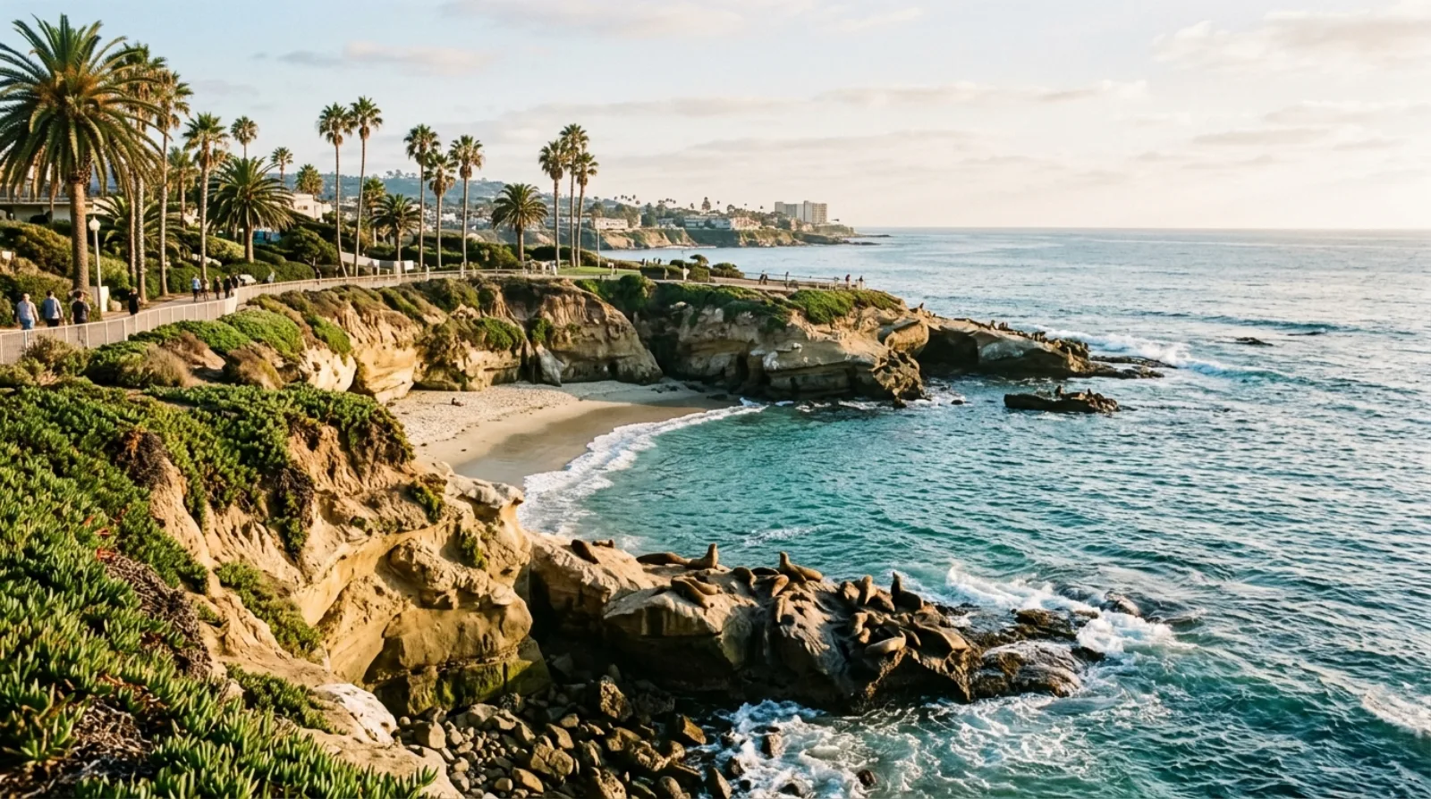 La Jolla Cove in San Diego with sea lions on the sandstone rocks