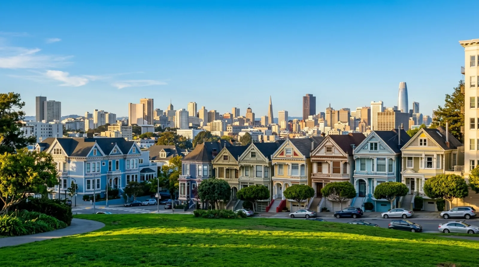 The Painted Ladies at Alamo Square with the San Francisco skyline behind them
