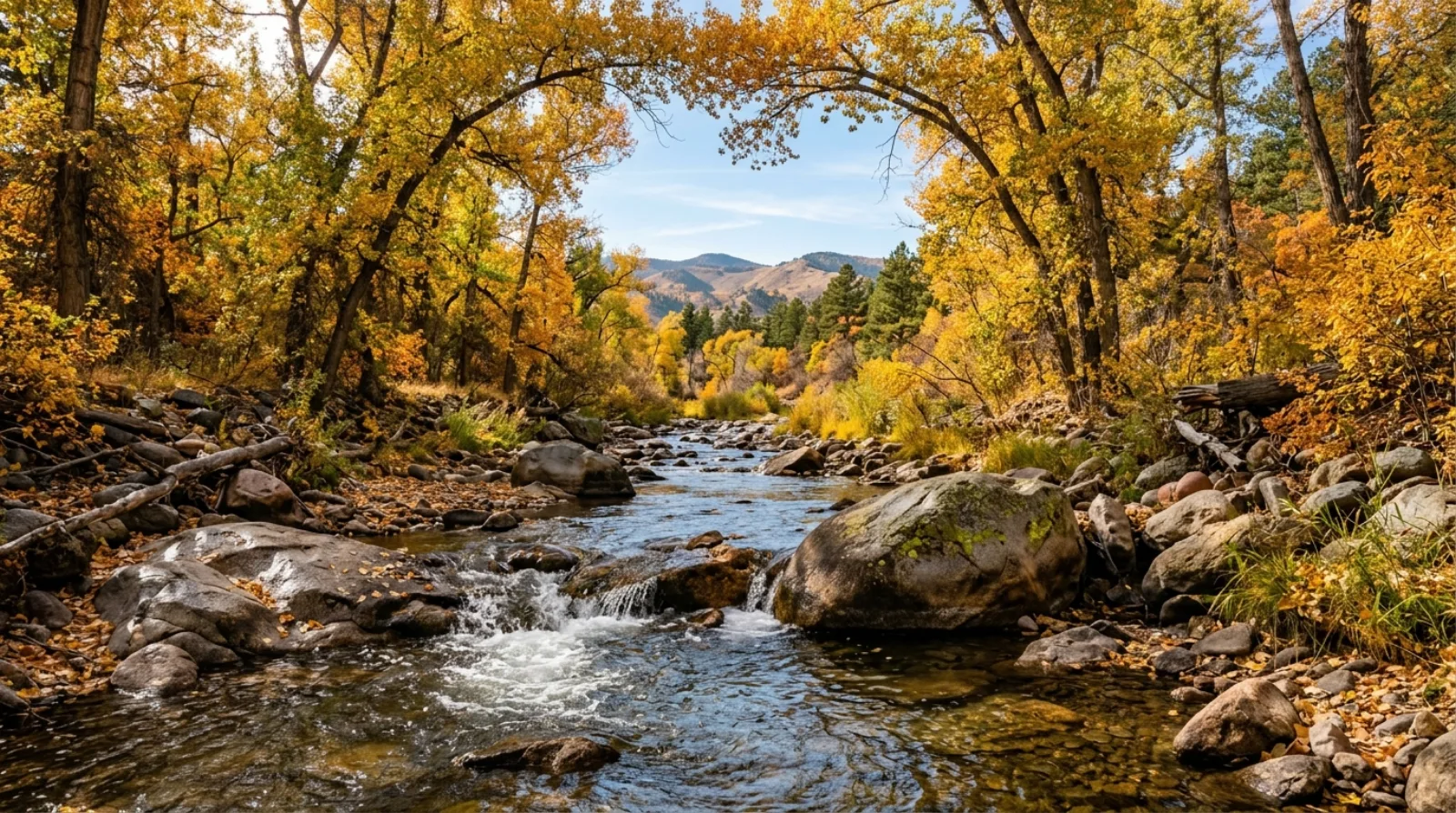 Boulder Creek in autumn with golden cottonwoods and the foothills behind