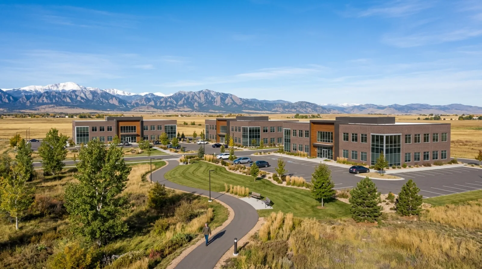 Low-rise office park on the plains near Boulder with the Front Range on the horizon
