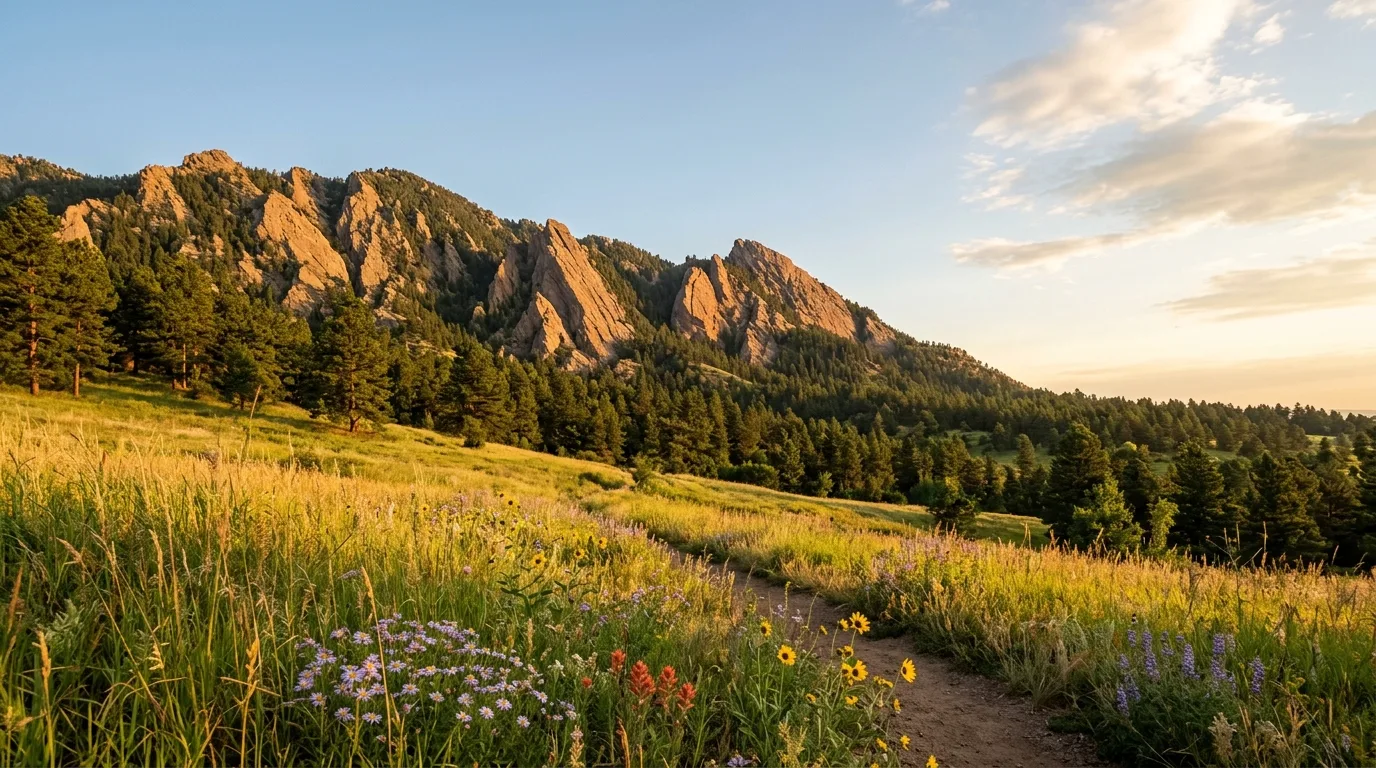 The Flatirons above a wildflower meadow trail in Boulder, Colorado