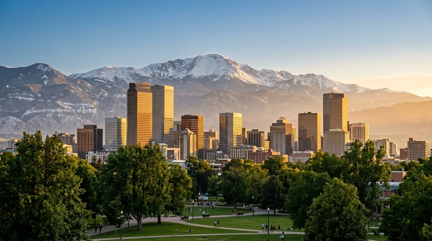 Denver skyline with the snow-capped Rocky Mountains behind, in Colorado