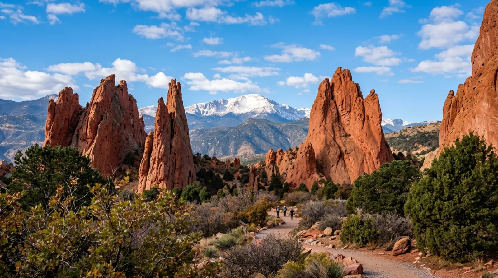 Red sandstone rock formations of Garden of the Gods with Pikes Peak in the background