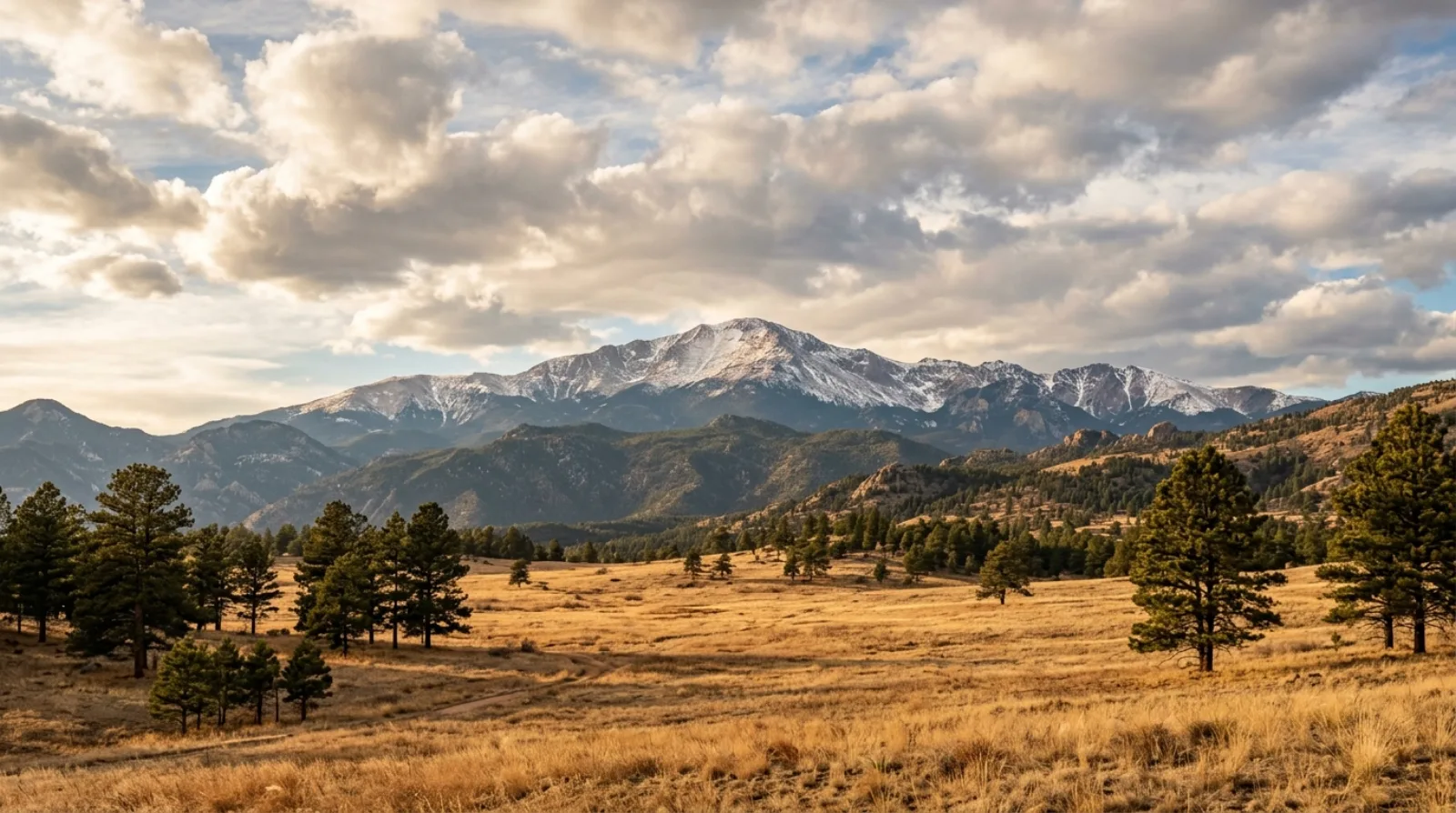Pikes Peak rising over a golden high-country meadow with scattered ponderosa pines