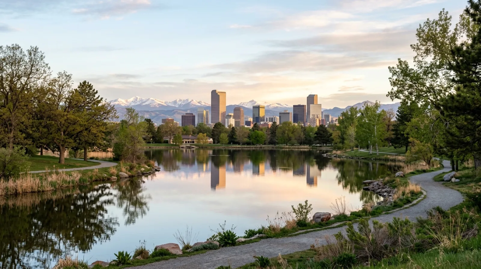 A calm park lake at sunrise reflecting the Denver skyline with the Rocky Mountains behind
