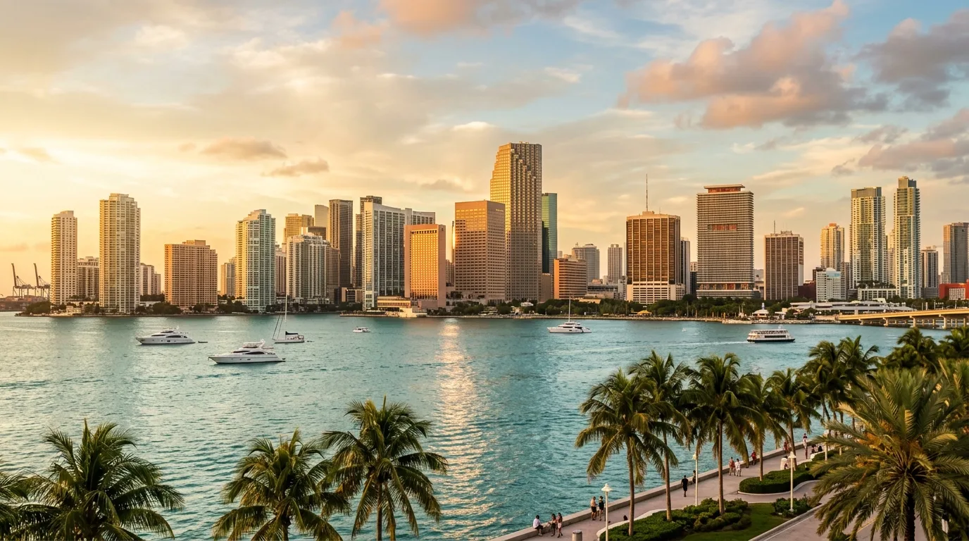 Miami skyline over Biscayne Bay in Florida at golden hour