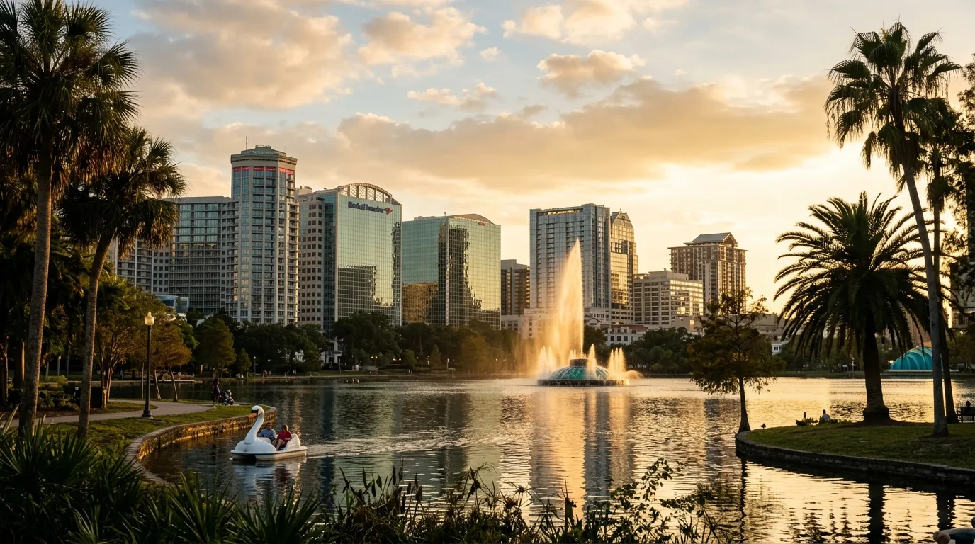 Orlando skyline over Lake Eola in Florida at dusk