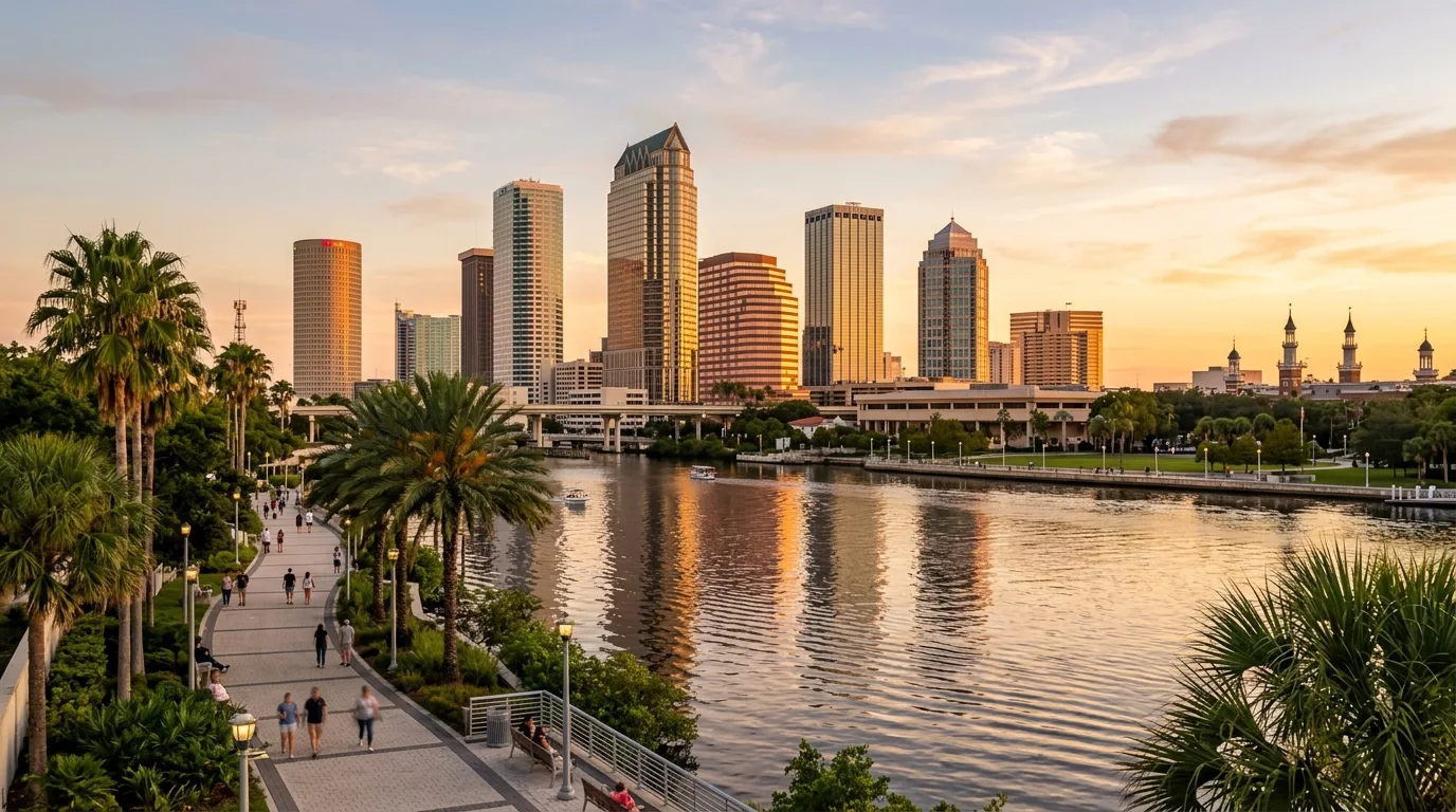 Tampa skyline along the Riverwalk in Florida at dusk
