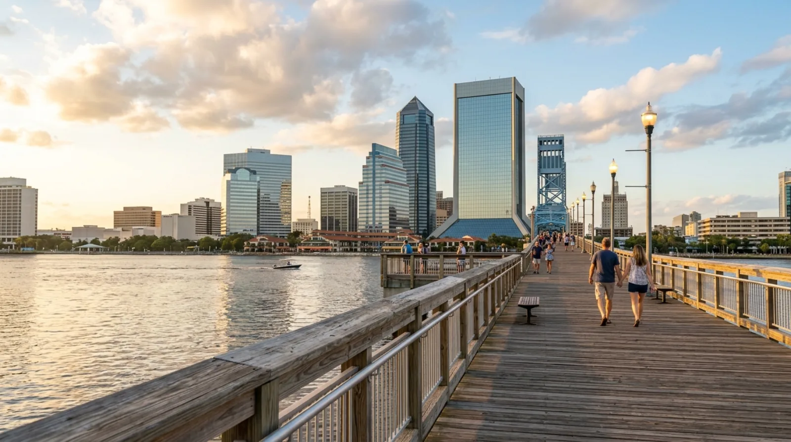 Southbank Riverwalk along the St. Johns River with downtown Jacksonville towers