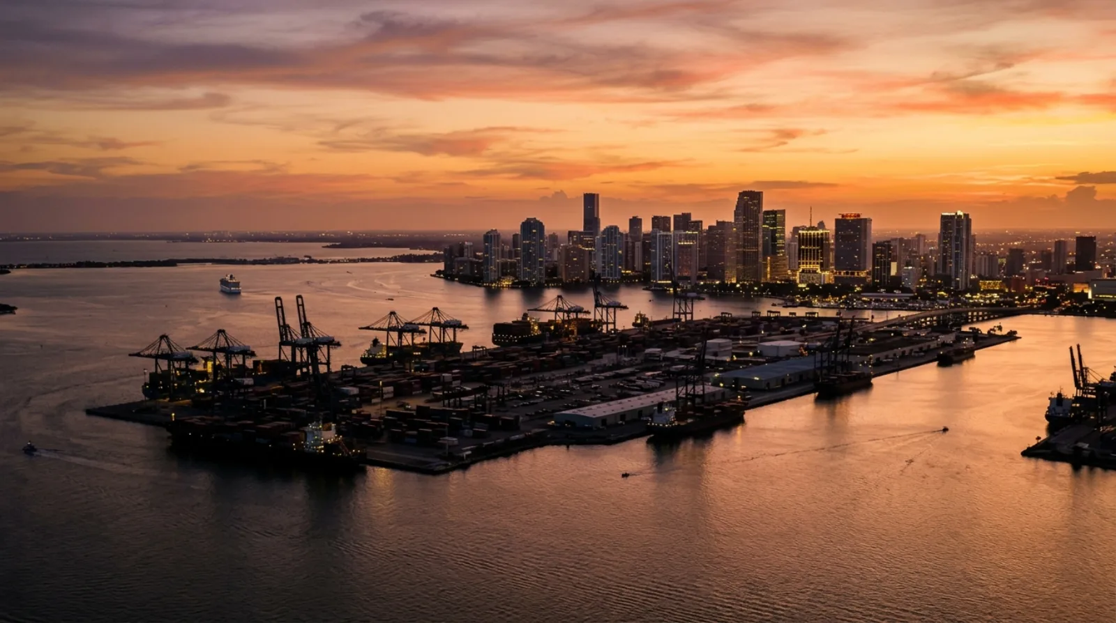 Cruise ships docked at PortMiami with the downtown Miami skyline behind them