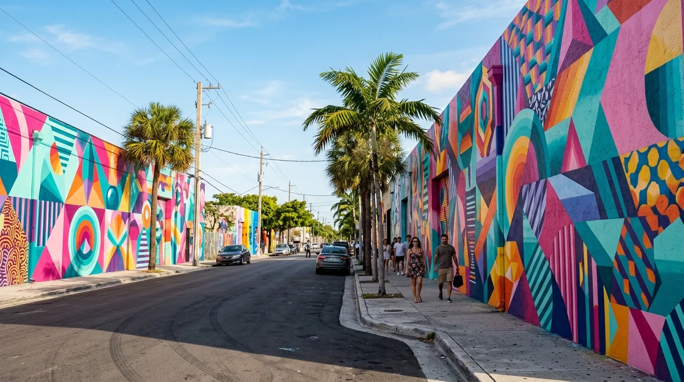 Colorful mural-covered street in the Wynwood arts district of Miami
