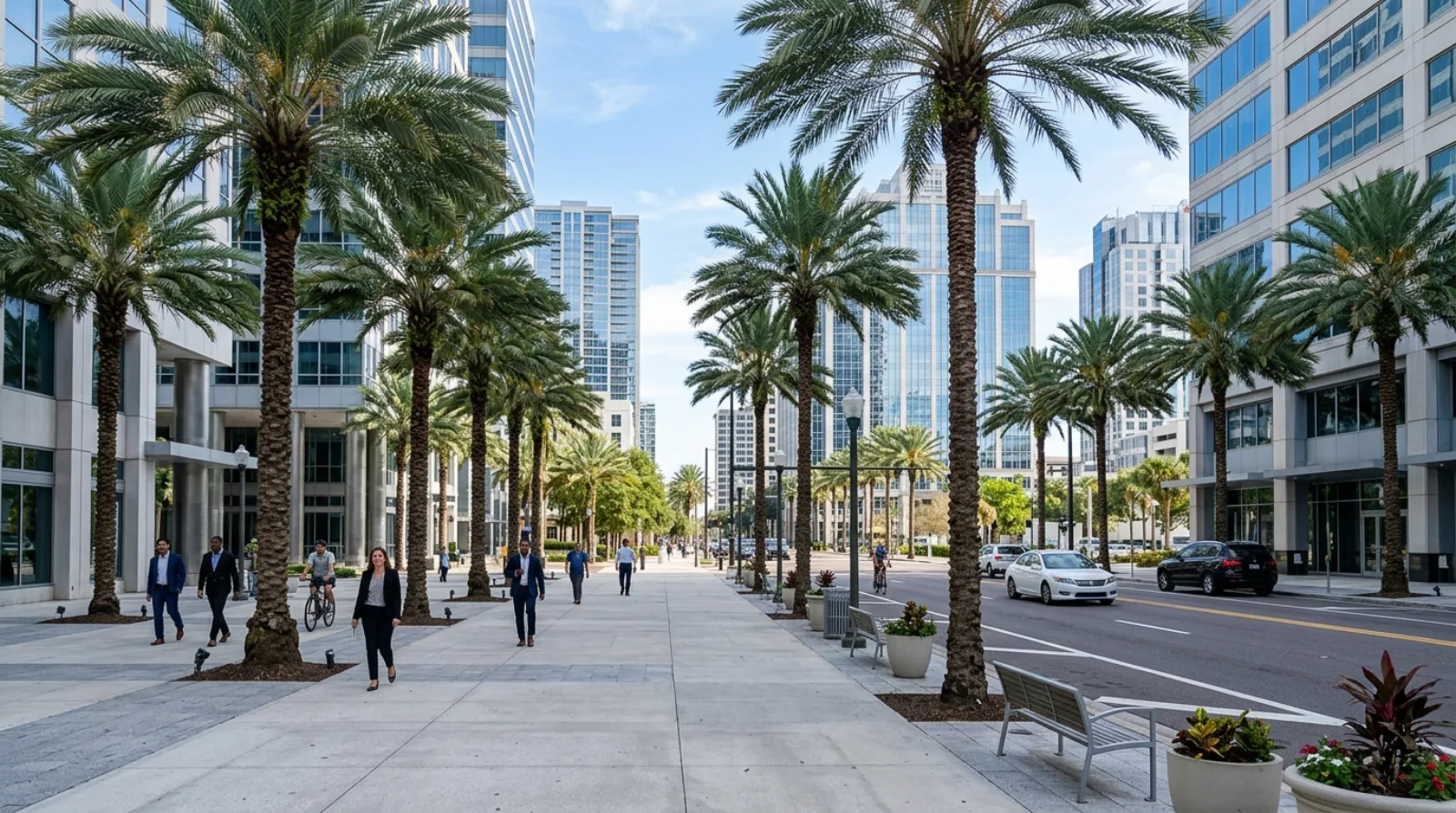 Orange Avenue in downtown Orlando with office towers and palm trees