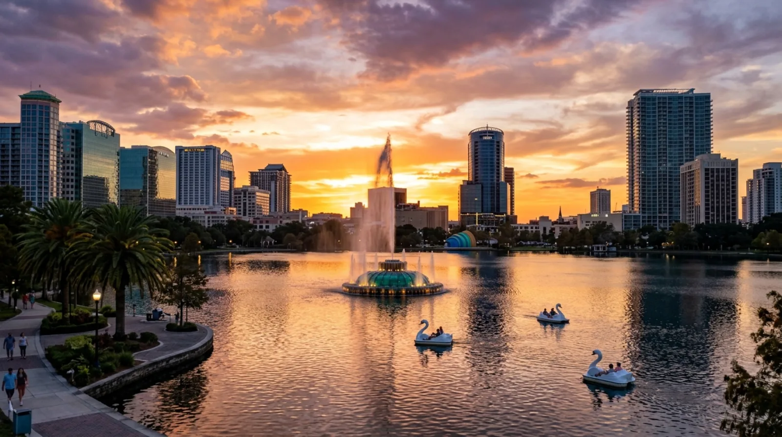 Downtown Orlando skyline across Lake Eola with the fountain