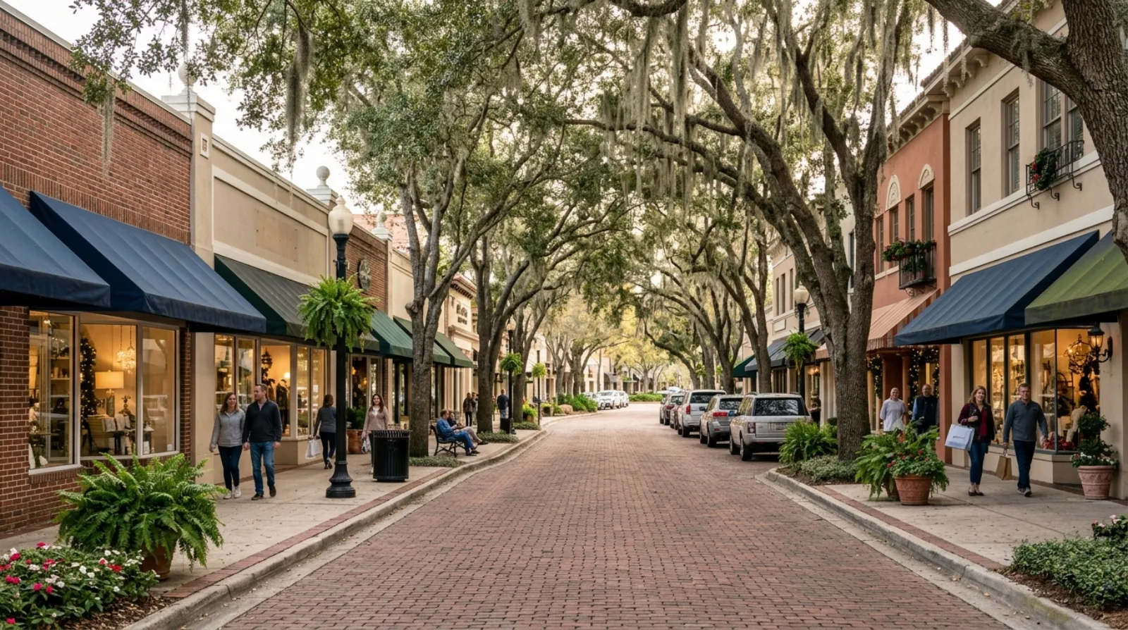 Park Avenue in Winter Park, Florida with brick streets and storefronts