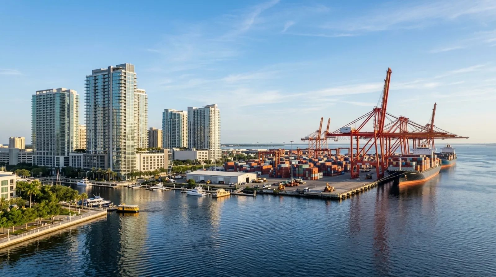 Cargo ships and cranes at Port Tampa Bay near the Channel District