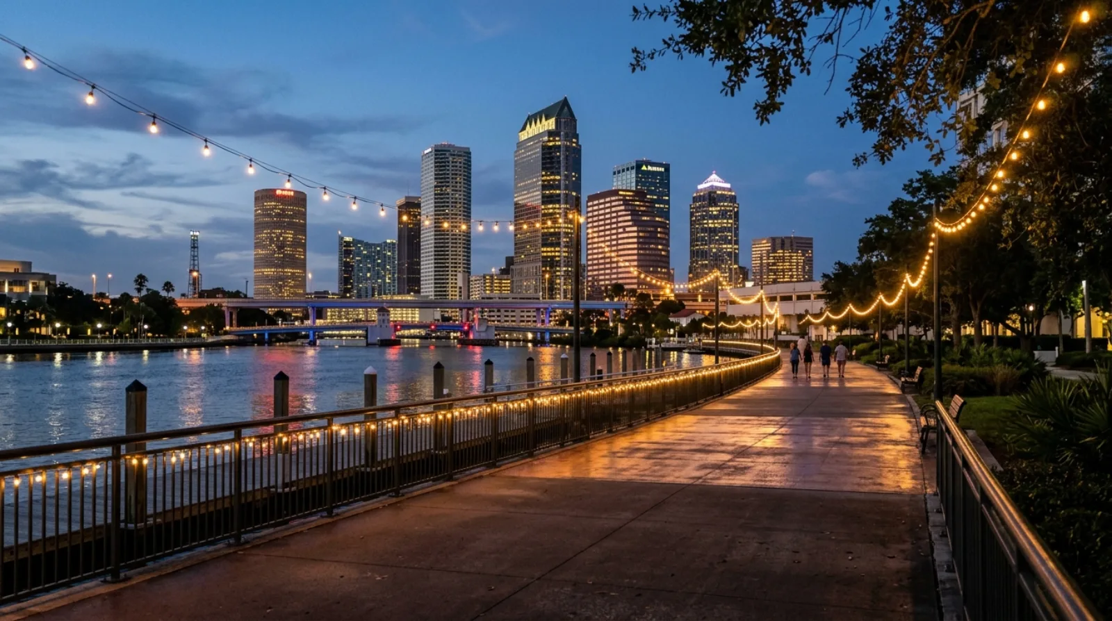 Tampa Riverwalk along the Hillsborough River with downtown towers in the evening