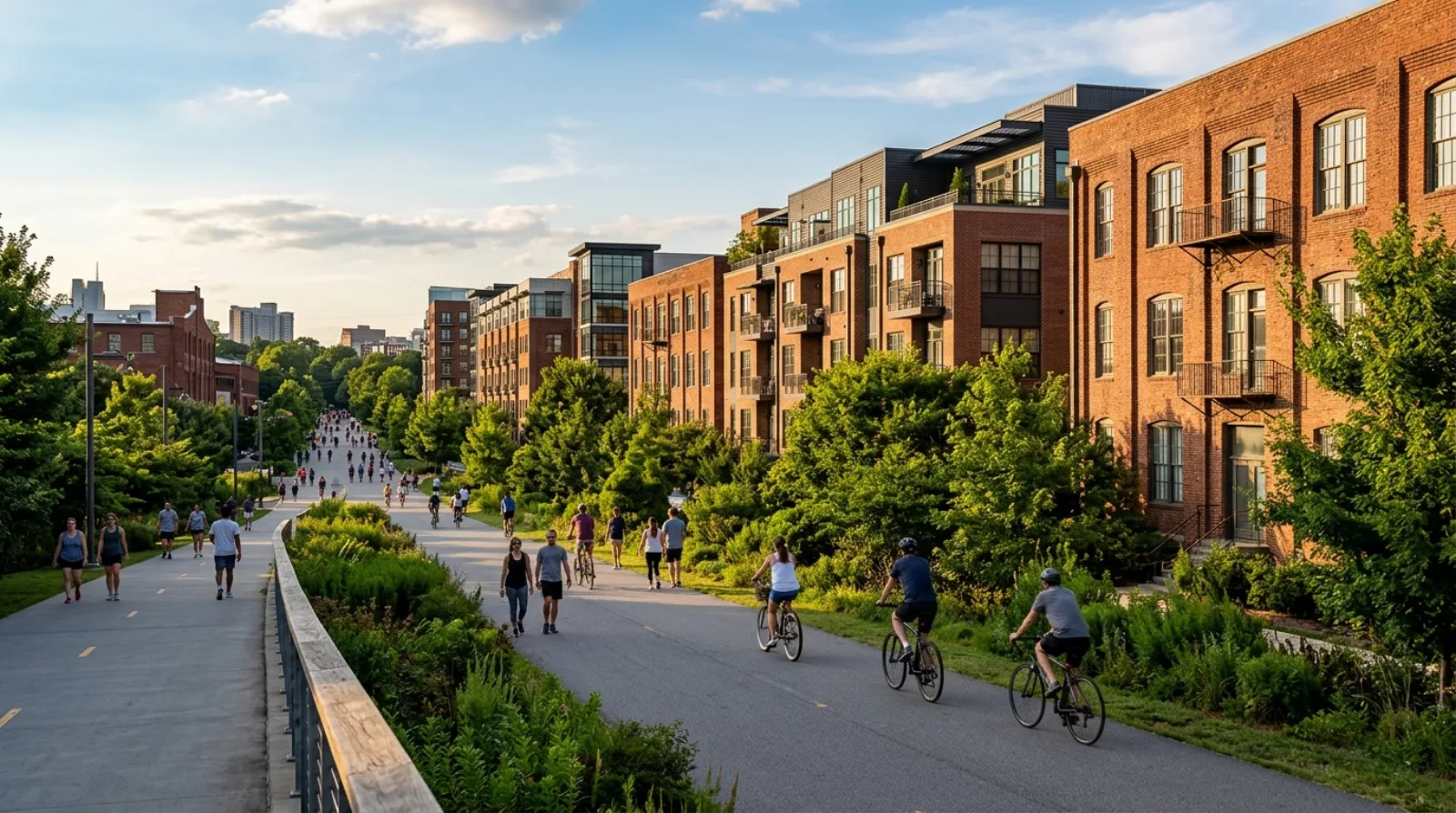 The Atlanta Beltline Eastside Trail with converted warehouses and new development