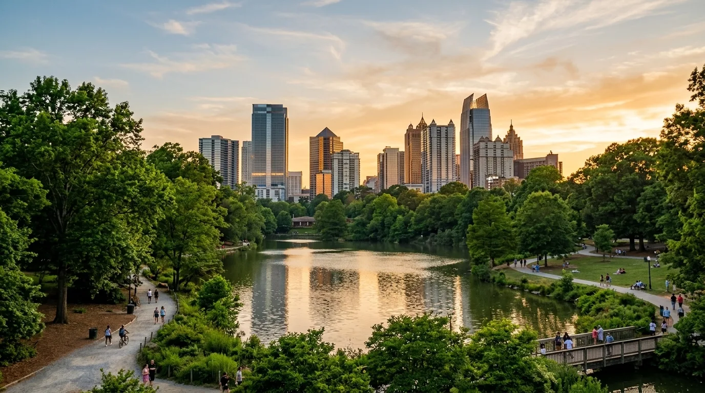 Midtown Atlanta skyline over the Piedmont Park lake in Georgia at sunset