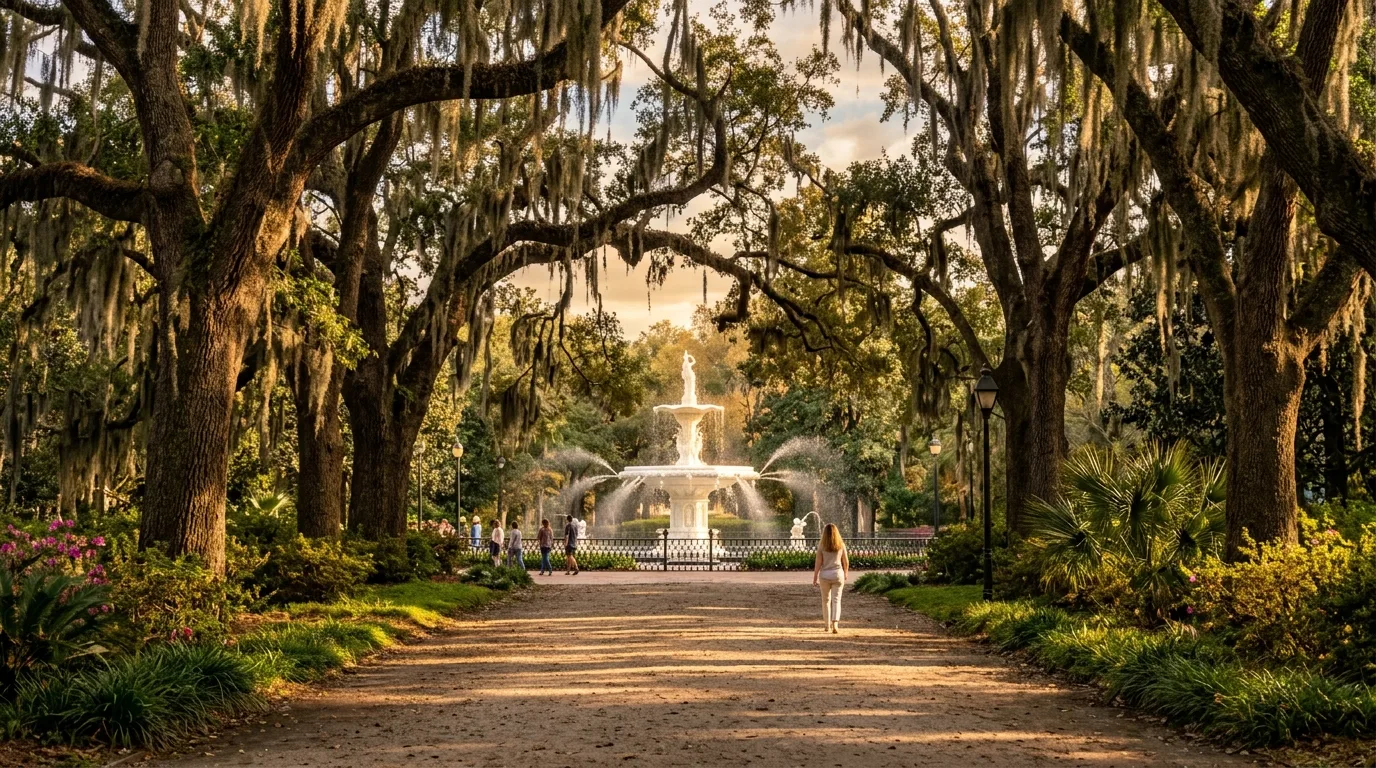 Live oaks and the fountain in Forsyth Park, Savannah, Georgia