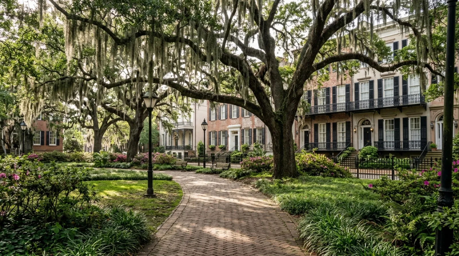 Live oaks draped in Spanish moss over a historic district square in Savannah