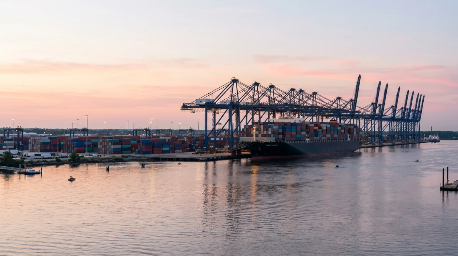 Container cranes over the Port of Savannah at dawn