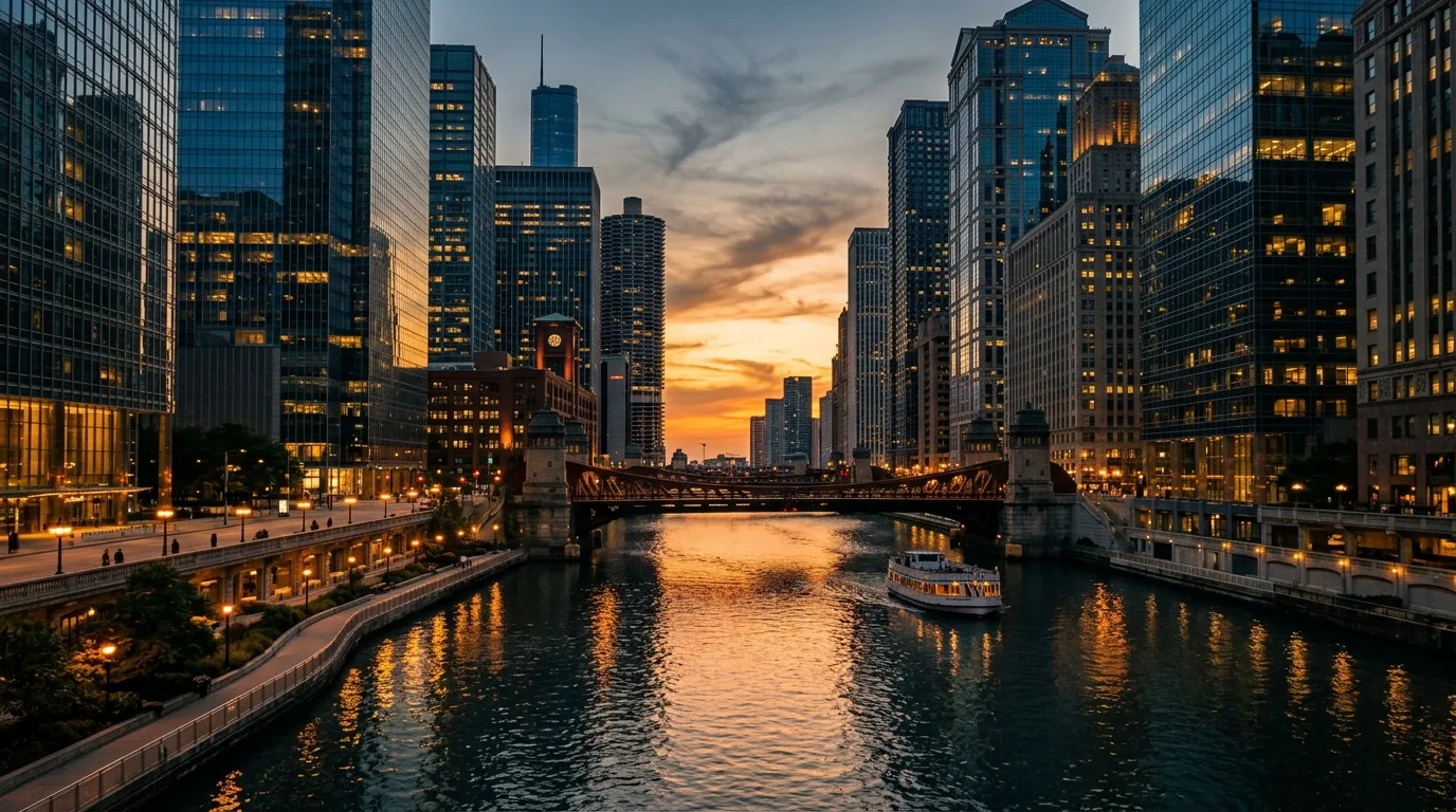 The Chicago Riverwalk between downtown towers in Illinois