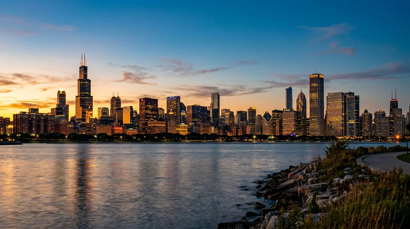 Chicago skyline over the Lake Michigan lakefront in Illinois