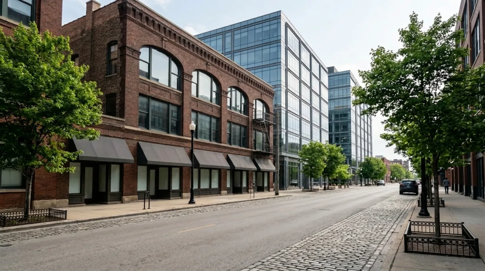 Brick warehouses and modern offices along a Fulton Market street in Chicago's West Loop