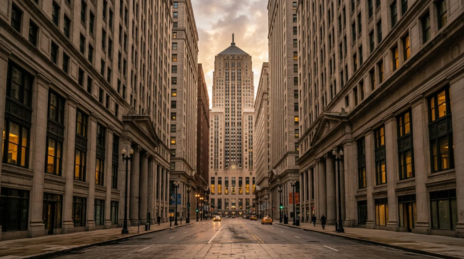 The LaSalle Street canyon of historic towers in Chicago's financial district