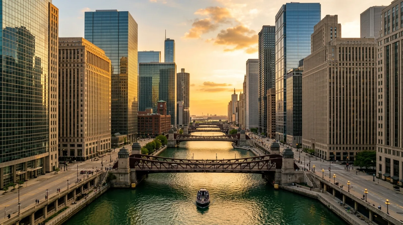 Chicago River and Wacker Drive towers at golden hour in downtown Chicago