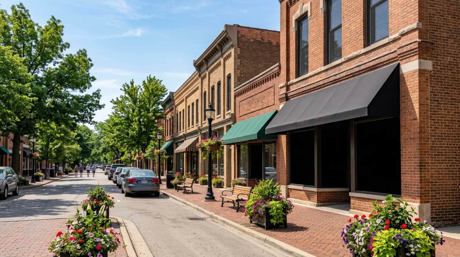 Brick storefronts and tree-lined sidewalks in downtown Naperville, Illinois