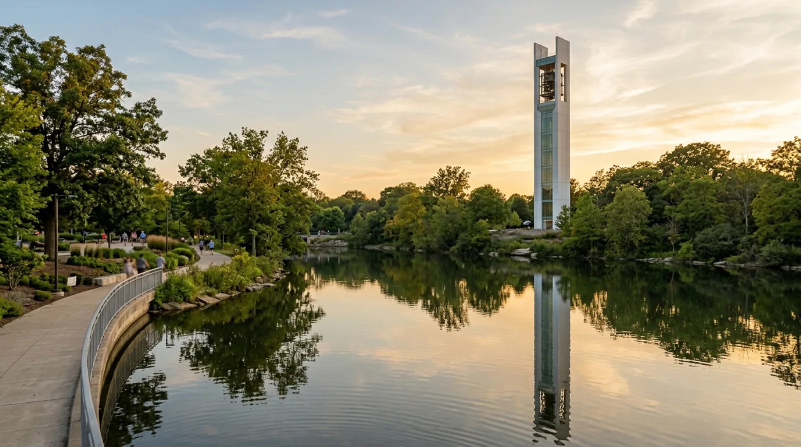 Moser Tower and the Millennium Carillon above the Naperville Riverwalk