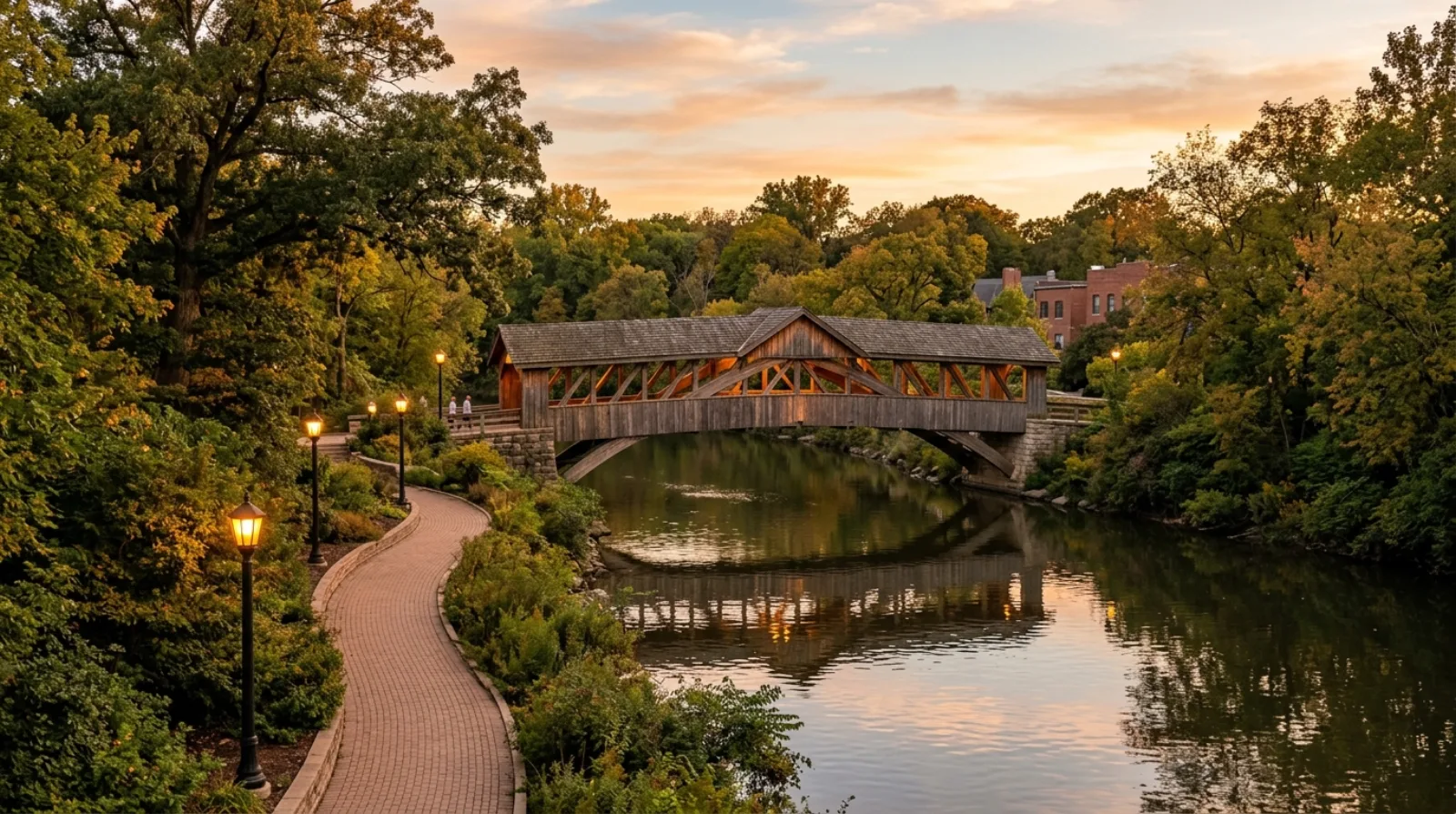 The covered bridge on the Naperville Riverwalk along the DuPage River