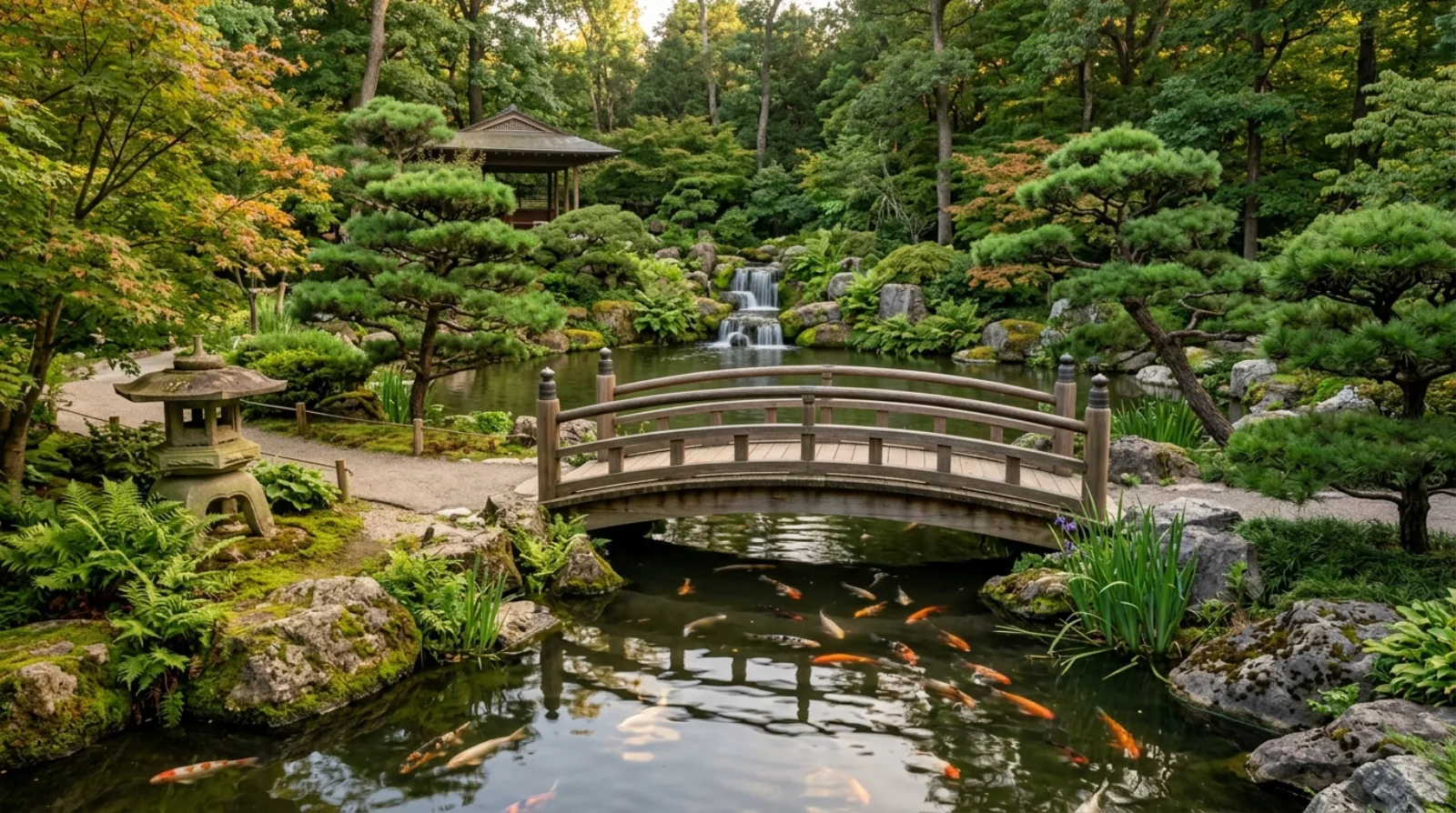A wooden footbridge and koi pond at Anderson Japanese Gardens in Rockford